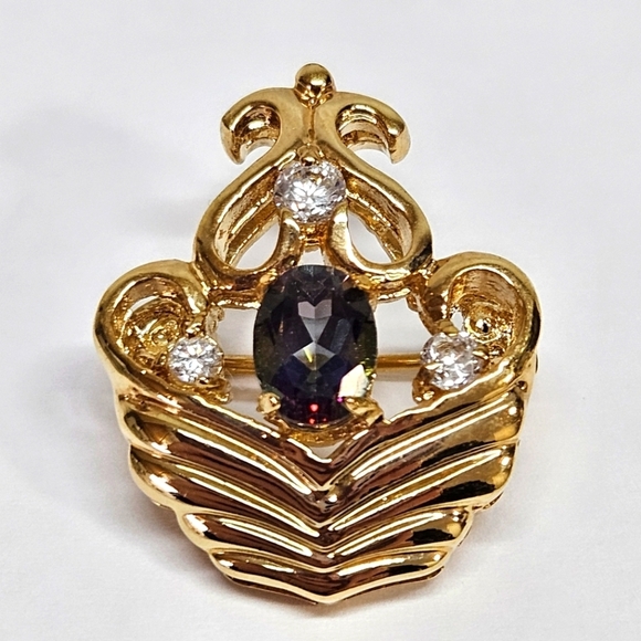 VINTAGE Genuine Mystic Topaz 14K GE Gold Plated Crest Brooch Pin - Picture 1 of 6